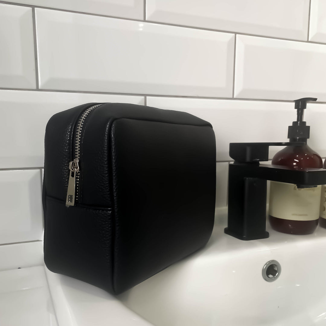 Jet Black Leather Wash Bag