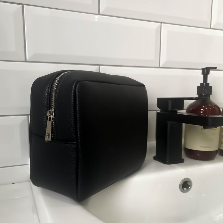 Jet Black Leather Wash Bag