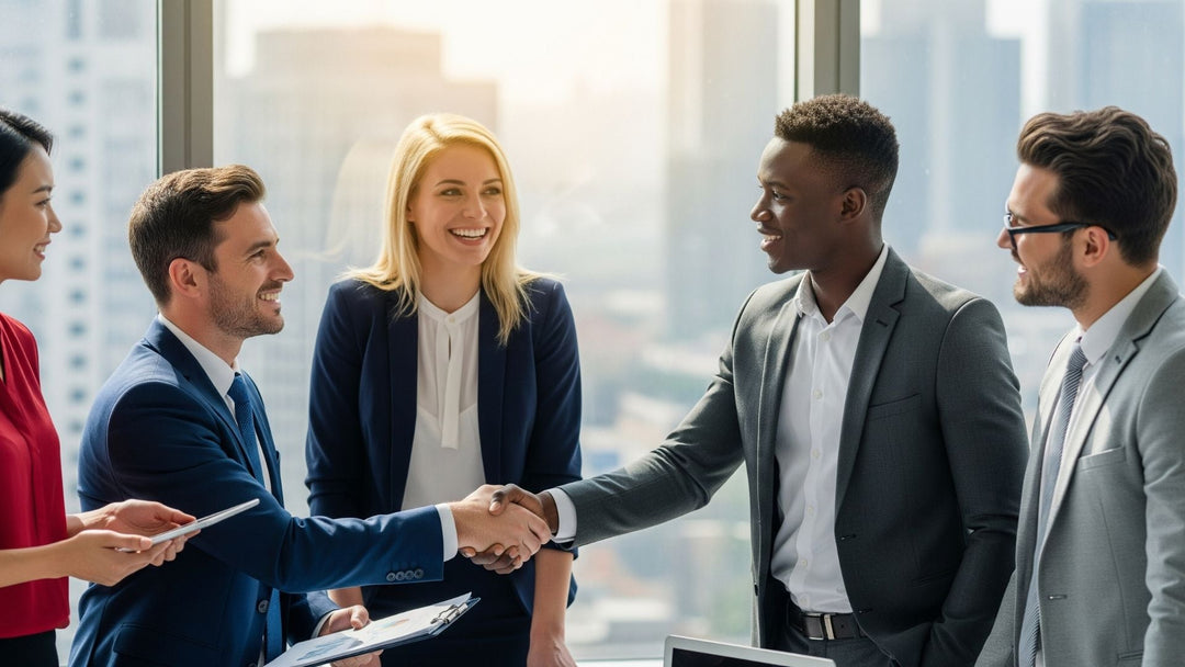 Coworkers shaking hands in an office environment during a professional onboarding moment