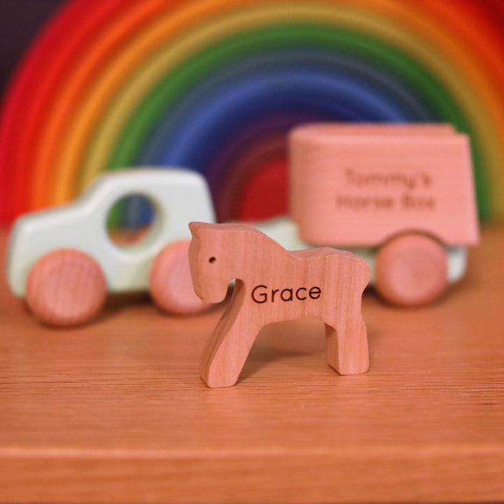 Personalised Wooden Toy Horsebox and Horse