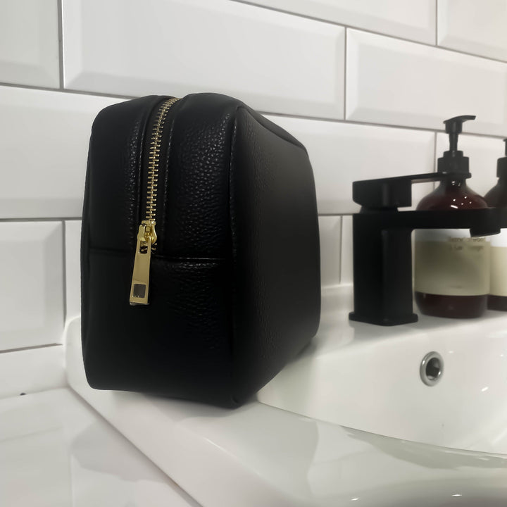 Jet Black Leather Wash Bag