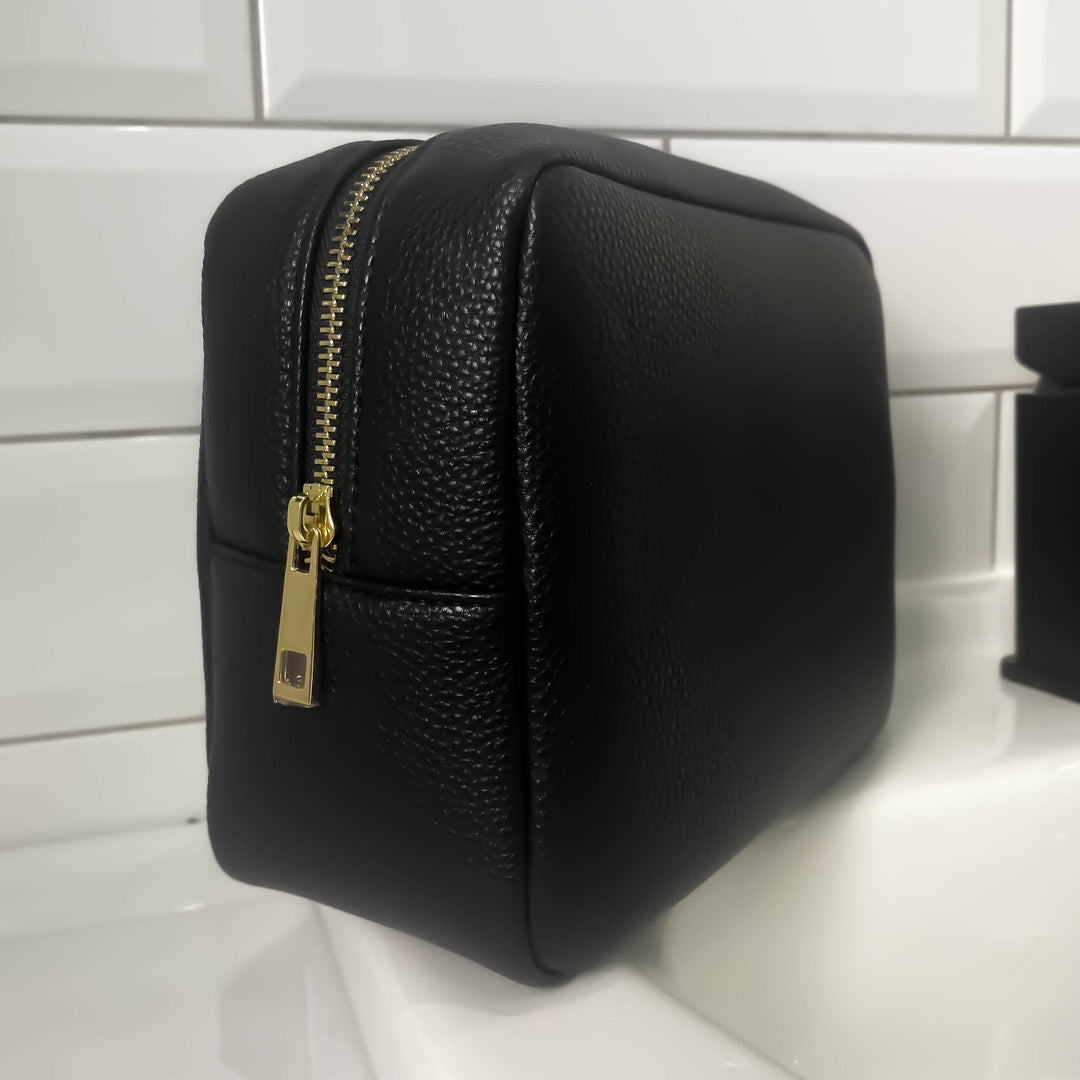 Jet Black Leather Wash Bag