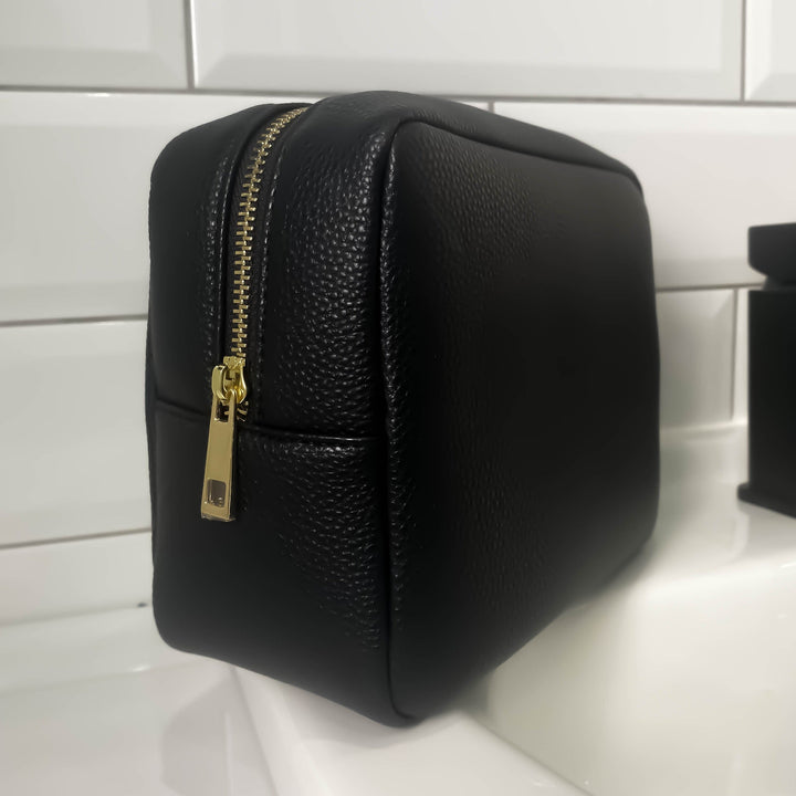 Jet Black Leather Wash Bag