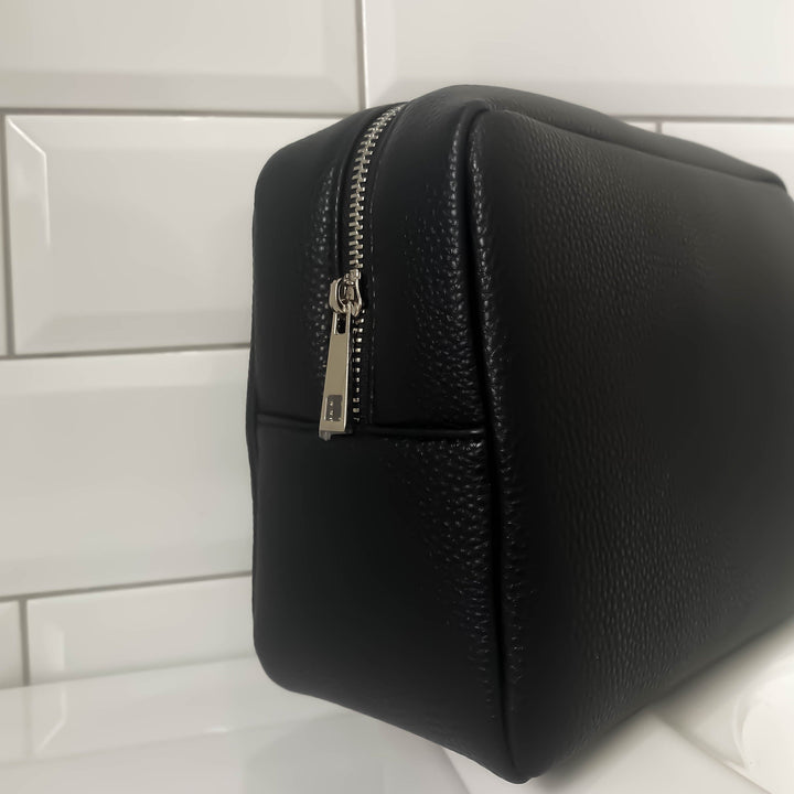 Jet Black Leather Wash Bag